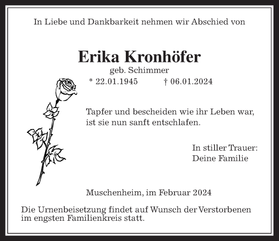 Traueranzeige von Erika Kronhöfer von Licher Wochenblatt