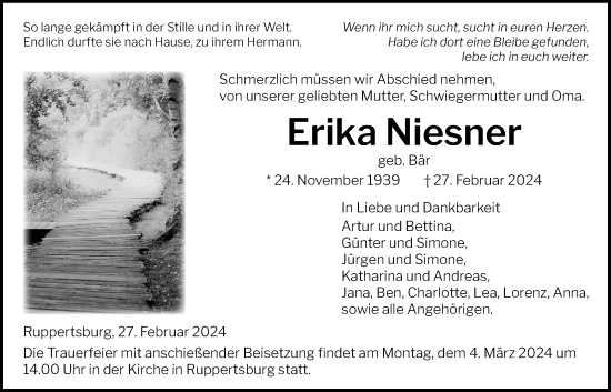 Traueranzeige von Erika Niesner von Giessener Allgemeine, Alsfelder Allgemeine