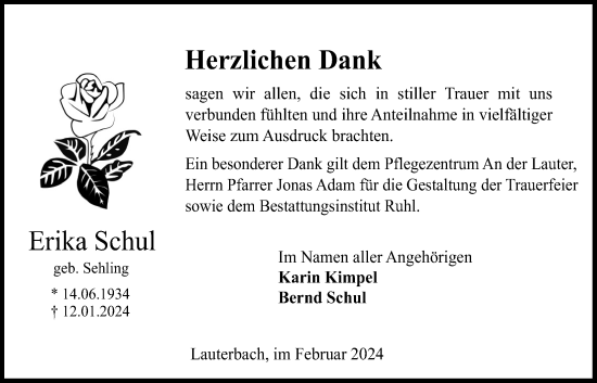 Traueranzeige von Erika Schul von Lauterbacher Anzeiger, 