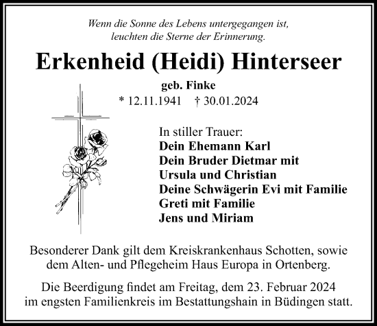 Traueranzeige von Erkenheid Hinterseer von Kreis-Anzeiger