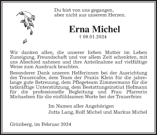 Traueranzeige von Erna Michel von Alsfelder Allgemeine, Giessener Allgemeine
