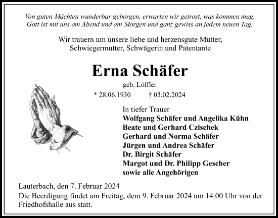 Traueranzeige von Erna Schäfer von Lauterbacher Anzeiger