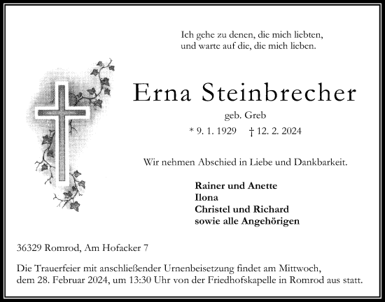 Traueranzeige von Erna Steinbrecher von Oberhessische Zeitung, 