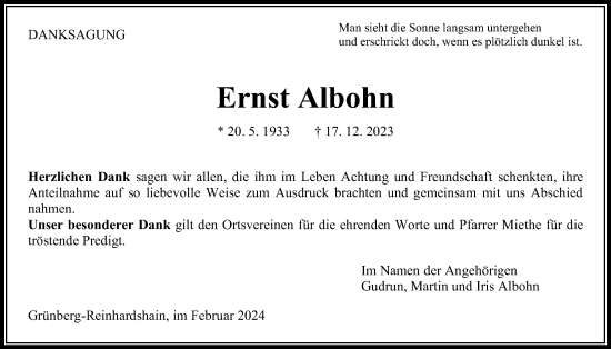 Traueranzeige von Ernst Albohn von Alsfelder Allgemeine, Giessener Anzeiger, Giessener Allgemeine