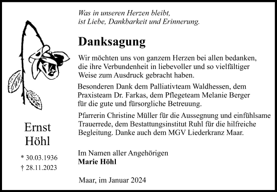 Traueranzeige von Ernst Höhl von Lauterbacher Anzeiger