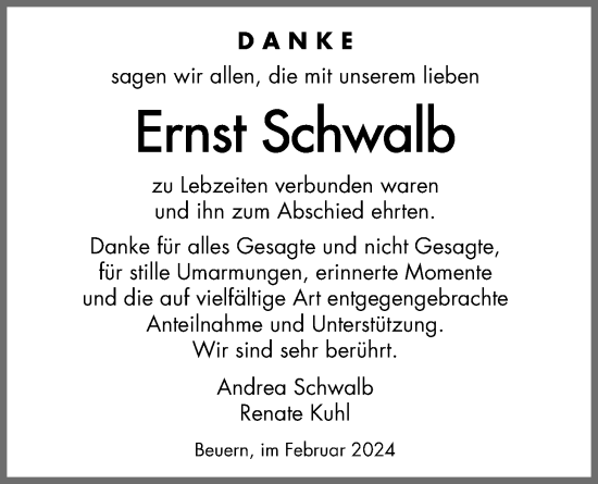 Traueranzeige von Ernst Schwalb von Giessener Allgemeine, Alsfelder Allgemeine, Giessener Anzeiger