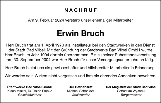 Traueranzeige von Erwin Bruch von Karbener Zeitung, Bad Vilbeler Anzeiger