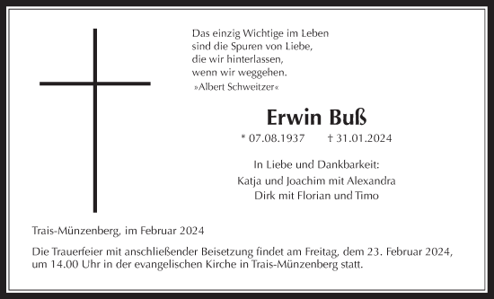 Traueranzeige von Erwin Buß von Wetterauer Zeitung, Butzbacher Zeitung