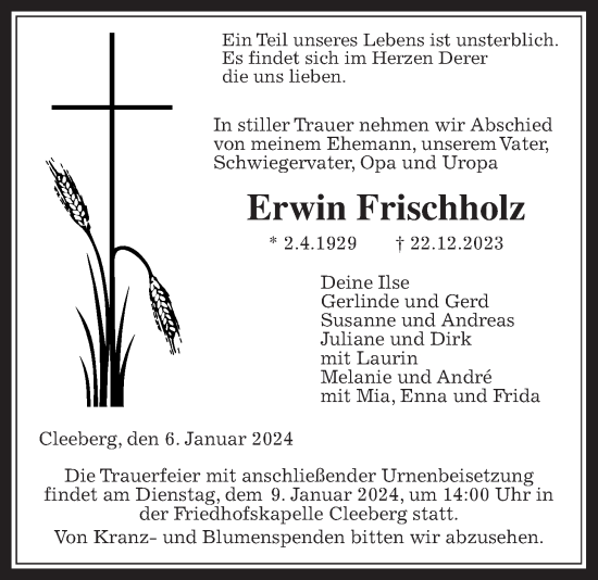 Traueranzeige von Erwin Frischholz von Butzbacher Zeitung