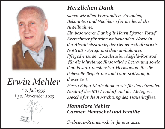 Traueranzeige von Erwin Mehler von Oberhessische Zeitung