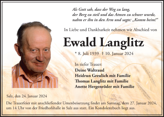 Traueranzeige von Ewald Langlitz von Lauterbacher Anzeiger