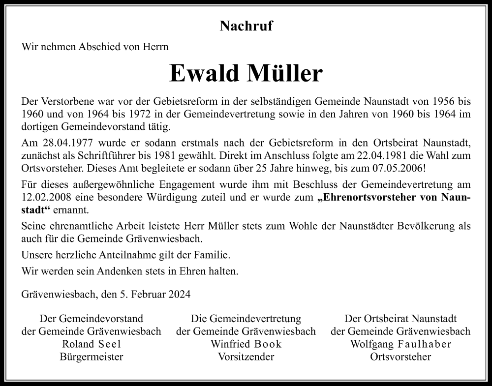  Traueranzeige für Ewald Müller vom 08.02.2024 aus Usinger Anzeiger