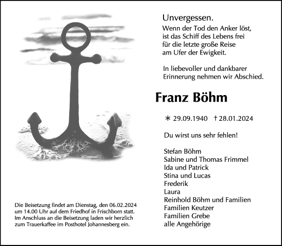 Traueranzeige von Franz Böhm von Lauterbacher Anzeiger