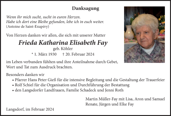 Traueranzeige von Frieda Katharina Elisabeth Fay von Licher Wochenblatt