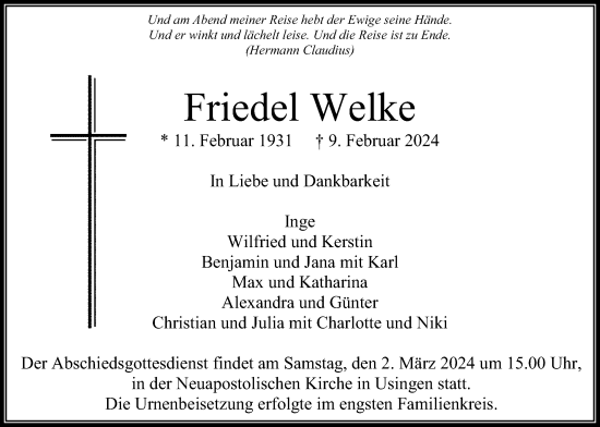 Traueranzeige von Friedel Welke von Usinger Anzeiger