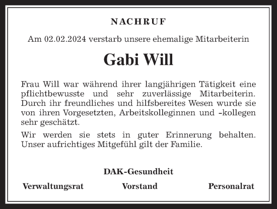 Traueranzeige von Gabi Will von Giessener Allgemeine, Alsfelder Allgemeine