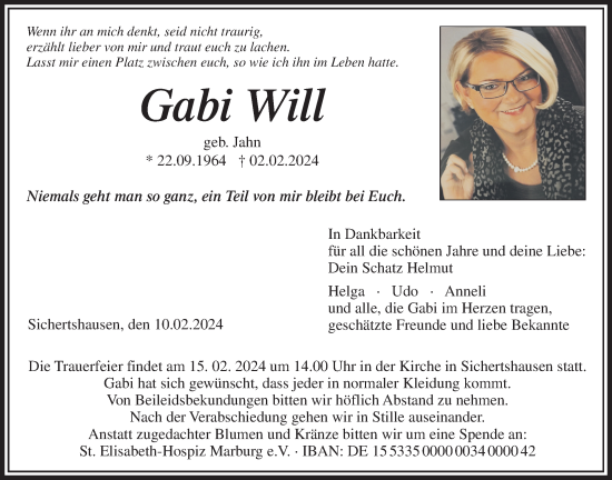 Traueranzeige von Gabi Will von Giessener Anzeiger, Giessener Allgemeine, Alsfelder Allgemeine