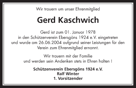 Traueranzeige von Gerd Kaschwich von Butzbacher Zeitung