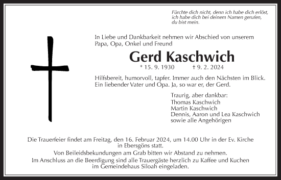 Traueranzeige von Gerd Kaschwich von Butzbacher Zeitung