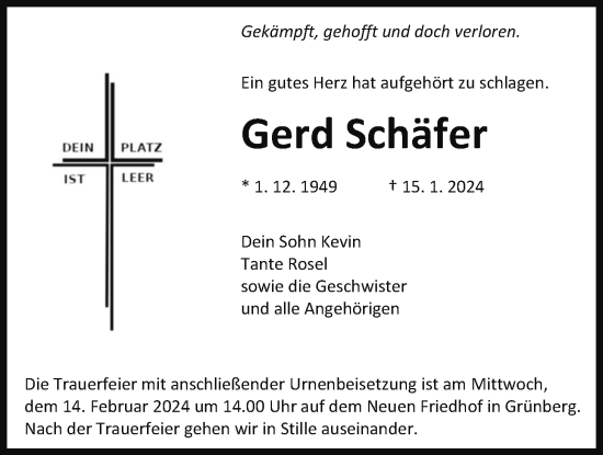 Traueranzeige von Gerd Schäfer von Giessener Allgemeine, Alsfelder Allgemeine