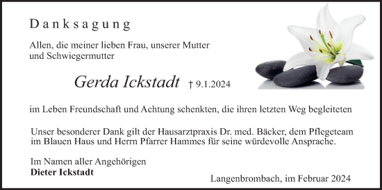 Traueranzeige von Gerda Ickstadt von Bad Vilbel/Karben