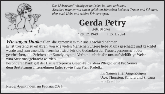 Traueranzeige von Gerda Petry von Oberhessische Zeitung, Alsfelder Allgemeine, Oberhessische Zeitung