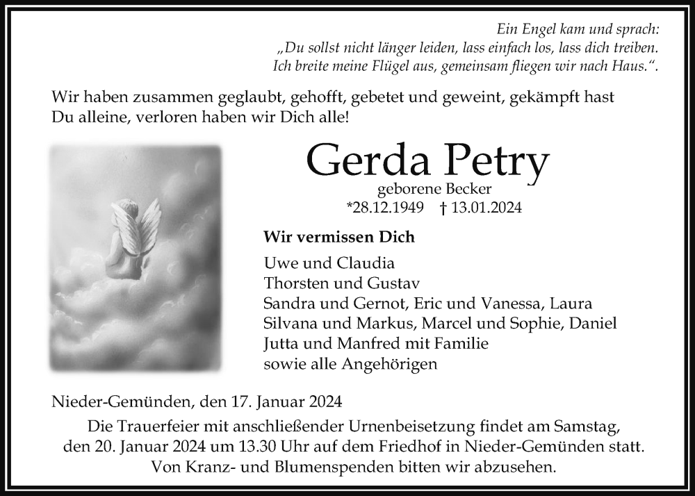  Traueranzeige für Gerda Petry vom 17.01.2024 aus Alsfelder Allgemeine, Oberhessische Zeitung