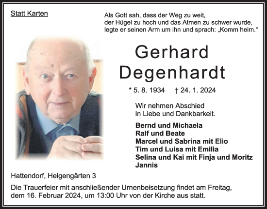 Traueranzeige von Gerhard Degenhardt von Oberhessische Zeitung