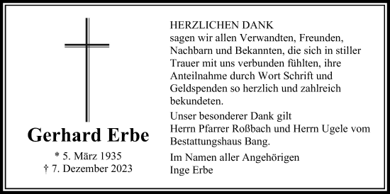 Traueranzeige von Gerhard Erbe von Butzbacher Zeitung
