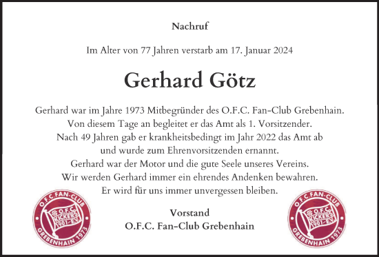 Traueranzeige von Gerhard Götz von Lauterbacher Anzeiger