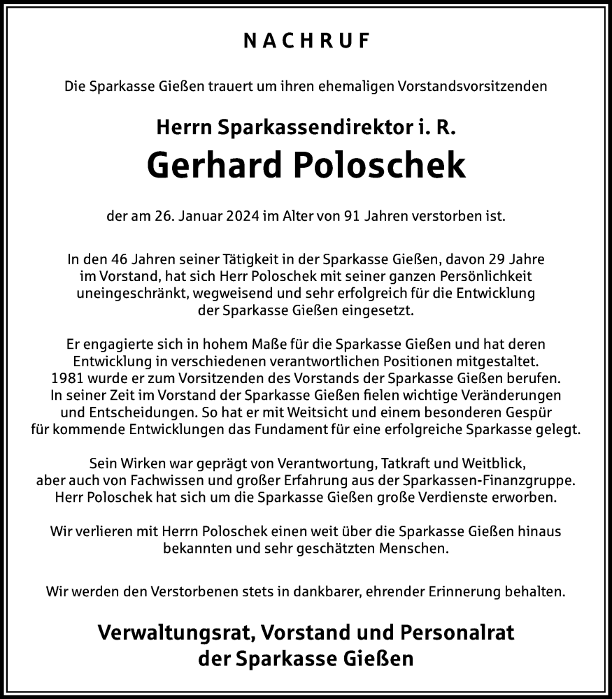 Traueranzeige für Gerhard Poloschek vom 12.02.2024 aus Giessener Anzeiger, Giessener Allgemeine, Alsfelder Allgemeine