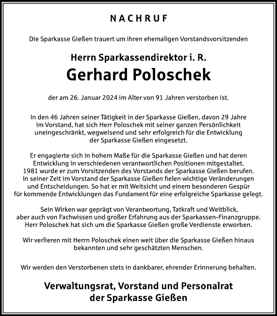 Traueranzeige von Gerhard Poloschek von Giessener Anzeiger, Giessener Allgemeine, Alsfelder Allgemeine
