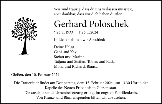 Traueranzeige von Gerhard Poloschek von Giessener Anzeiger, Giessener Allgemeine, Alsfelder Allgemeine