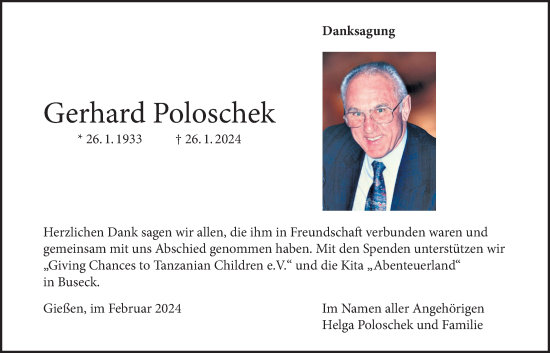 Traueranzeige von Gerhard Poloschek von Giessener Allgemeine, Alsfelder Allgemeine, Giessener Anzeiger