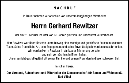 Traueranzeige von Gerhard Rewitzer von Bad Vilbel/Karben