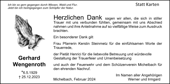 Traueranzeige von Gerhard Wengenroth von Usinger Anzeiger