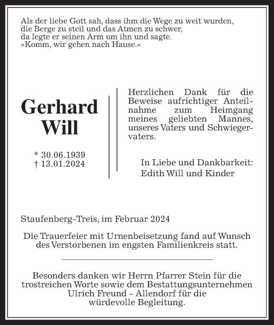 Traueranzeige von Gerhard Will von Giessener Anzeiger