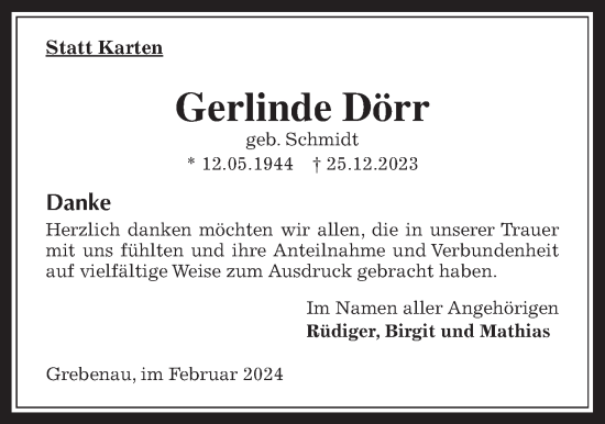 Traueranzeige von Gerlinde Dörr von Oberhessische Zeitung