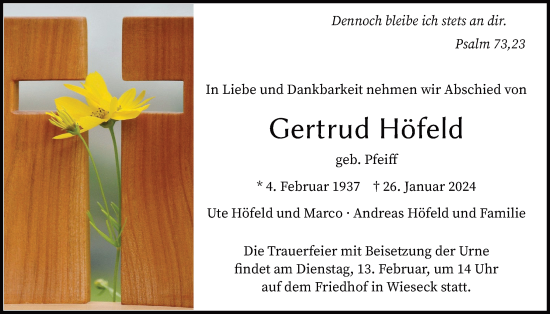 Traueranzeige von Gertrud Höfeld von Giessener Anzeiger, Giessener Allgemeine, Alsfelder Allgemeine