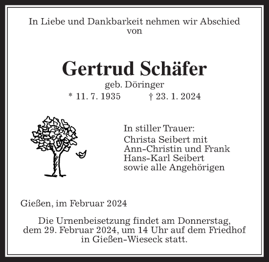 Traueranzeige von Gertrud Schäfer von Giessener Anzeiger