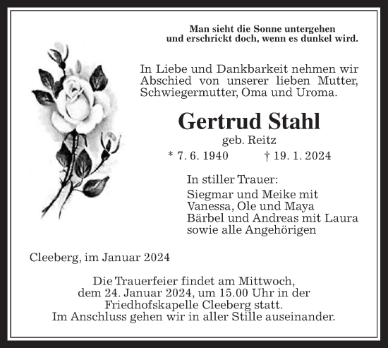 Traueranzeige von Gertrud Stahl von Butzbacher Zeitung