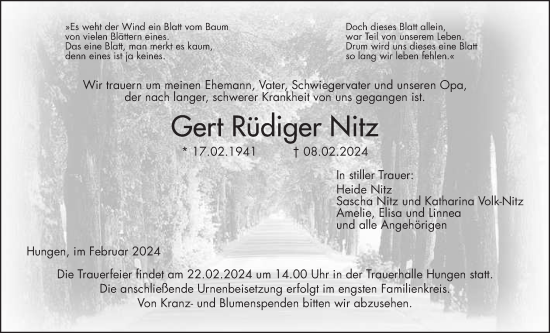 Traueranzeige von Gert Rüdiger Nitz von Alsfelder Allgemeine, Giessener Allgemeine