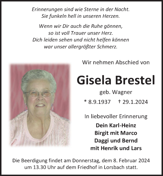 Traueranzeige von Gisela Brestel 