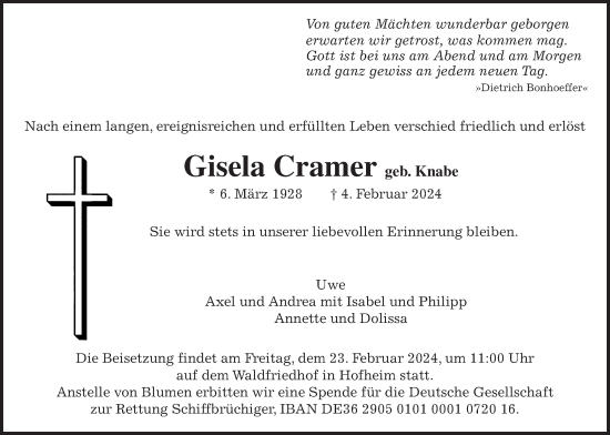 Traueranzeige von Gisela Cramer 