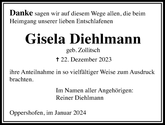 Traueranzeige von Gisela Diehlmann von Wetterauer Zeitung, Butzbacher Zeitung