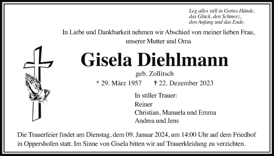 Traueranzeige von Gisela Diehlmann von Wetterauer Zeitung, Butzbacher Zeitung