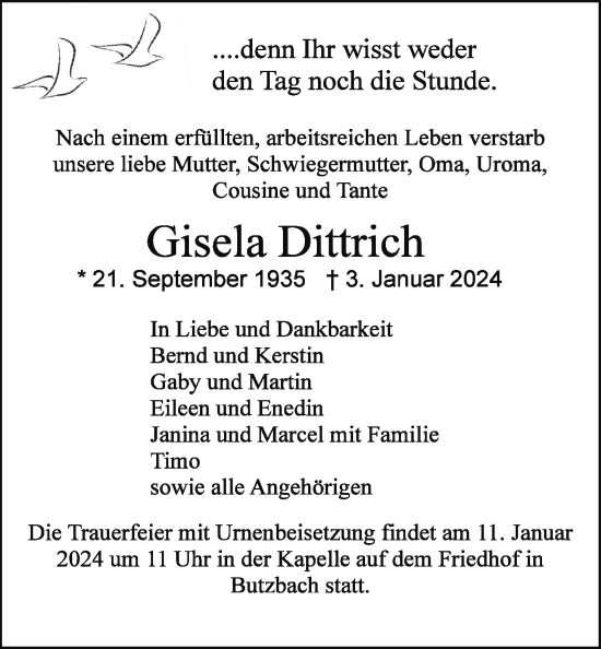 Traueranzeige von Gisela Dittrich von Butzbacher Zeitung
