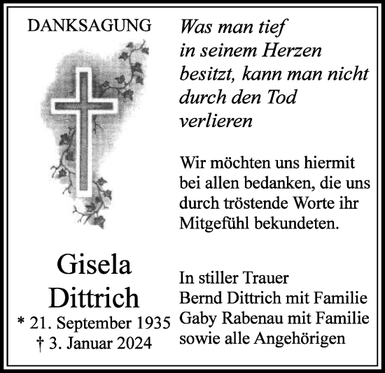 Traueranzeige von Gisela Dittrich von Butzbacher Zeitung