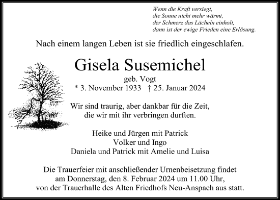 Traueranzeige von Gisela Susemichel von Usinger Anzeiger
