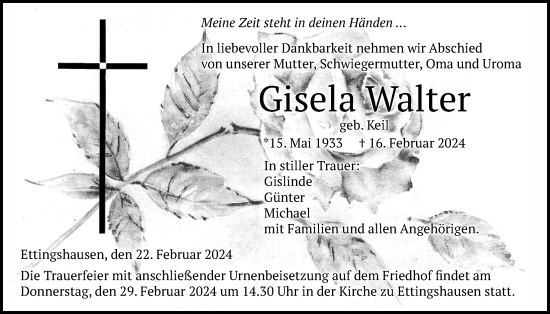 Traueranzeige von Gisela Walter von Giessener Allgemeine, Alsfelder Allgemeine, Giessener Anzeiger